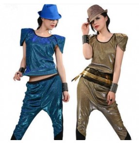 Gold blue black patchwork women's fashion stage performance hot dance cos play hip hop singer dj ds jazz dance costumes outfits